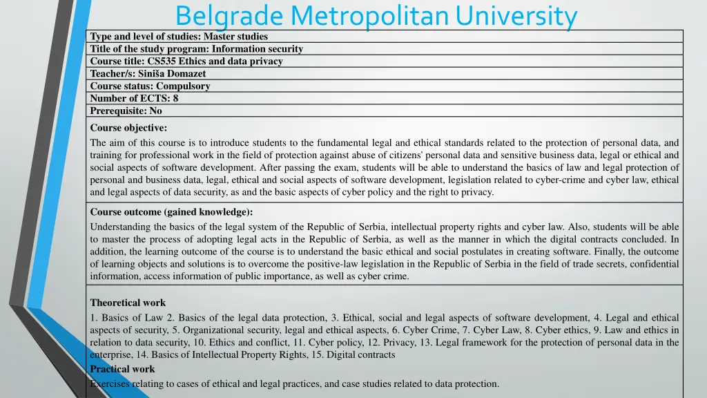 belgrade metropolitan university type and level
