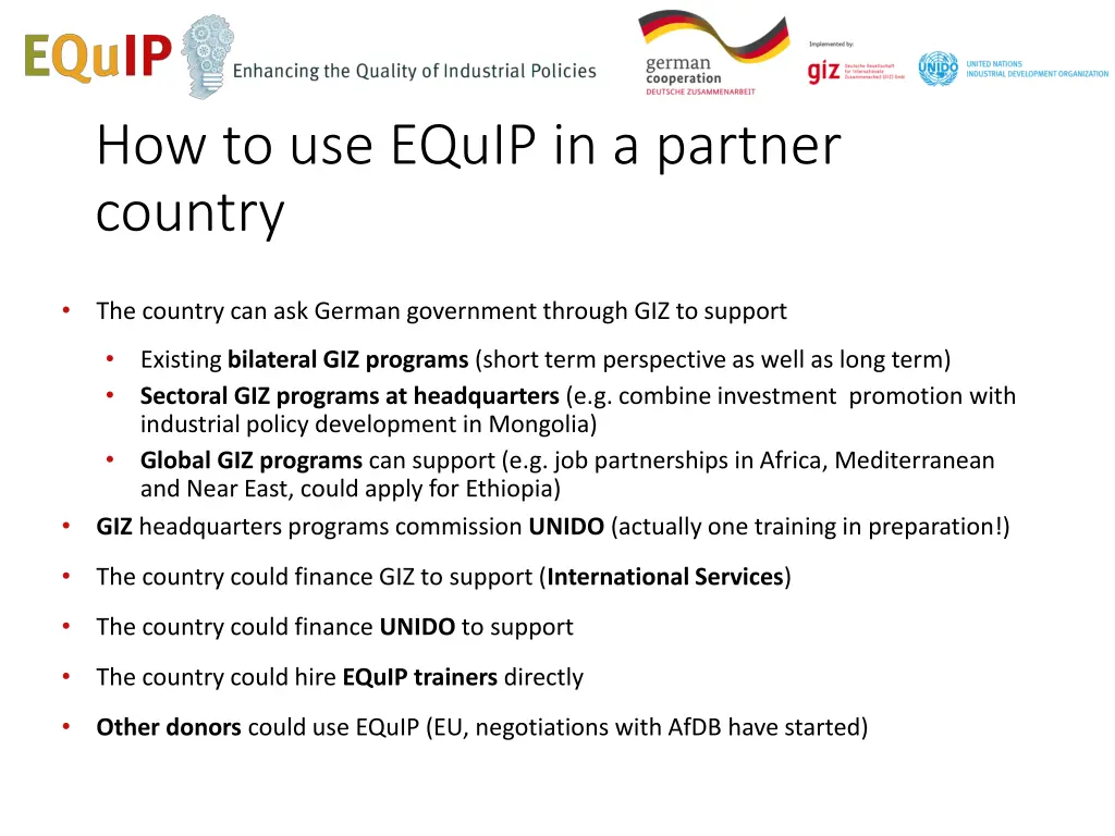 how to use equip in a partner country