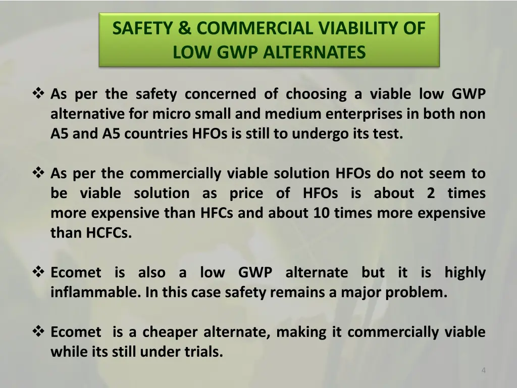 safety commercial viability of low gwp alternates