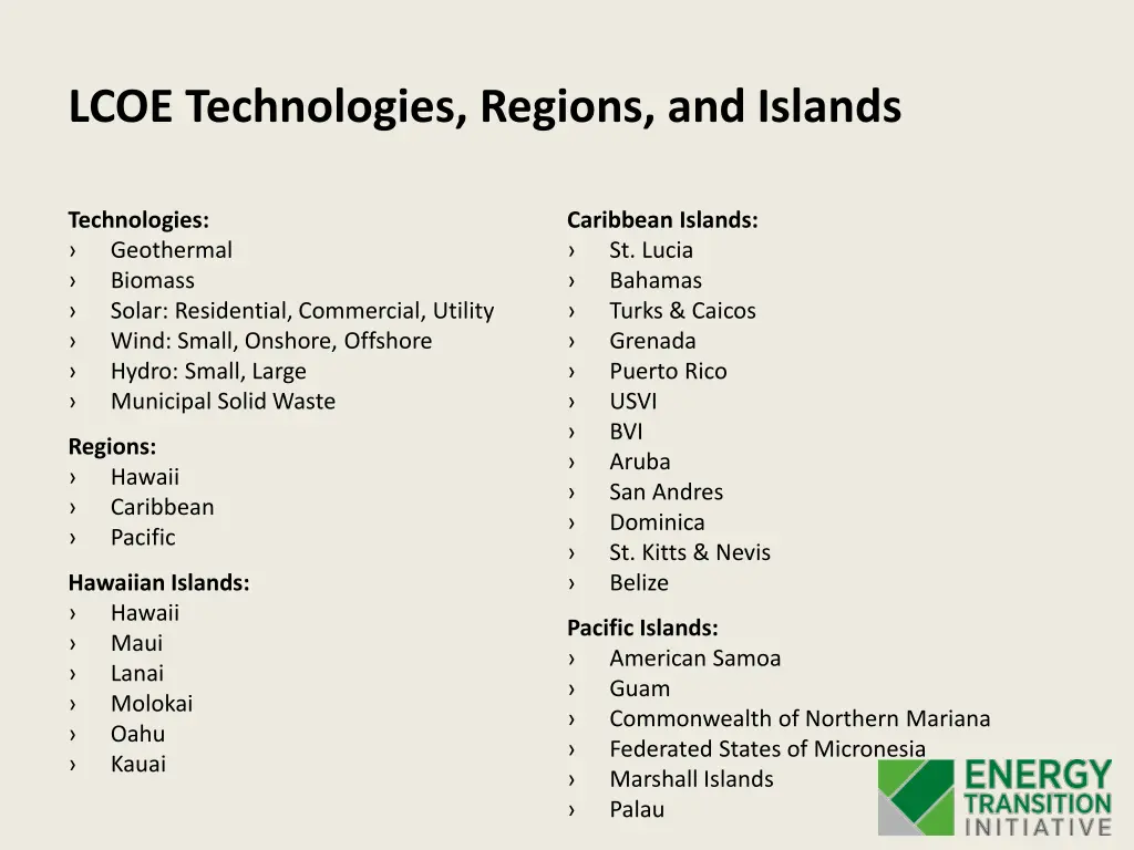 lcoe technologies regions and islands