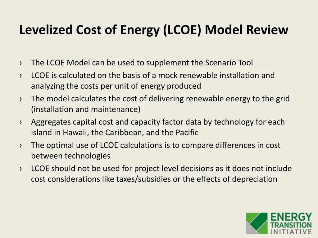 levelized cost of energy lcoe model review