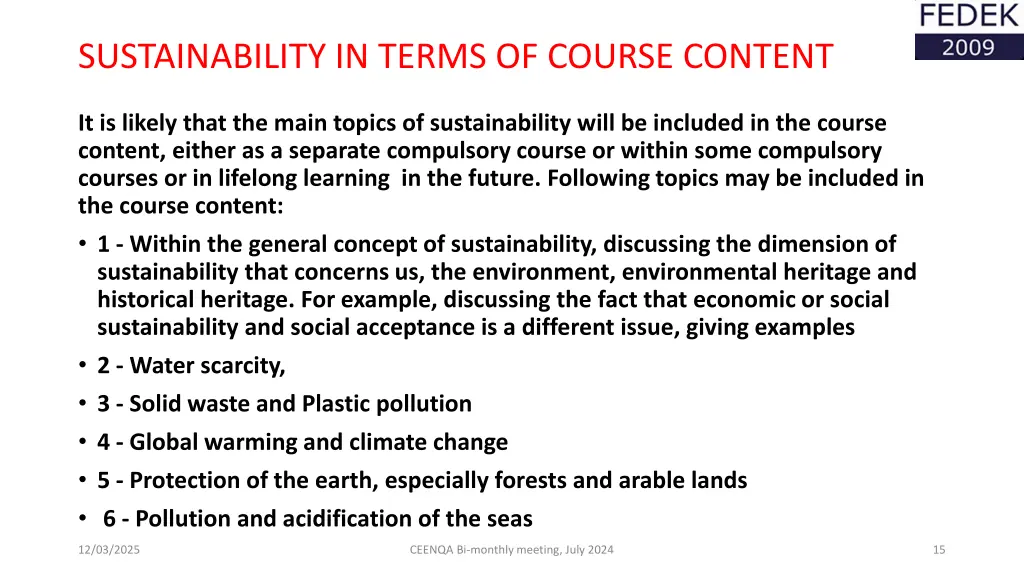 sustainability in terms of course content