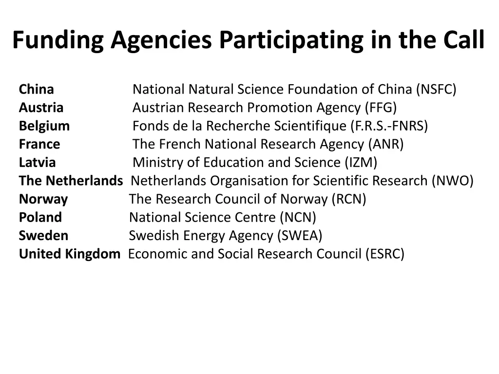 funding agencies participating in the call