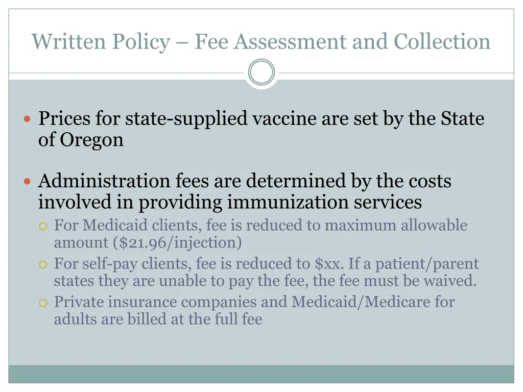 written policy fee assessment and collection
