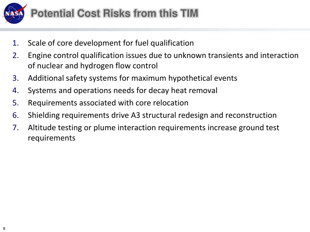 potential cost risks from this tim