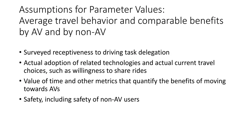 assumptions for parameter values average travel