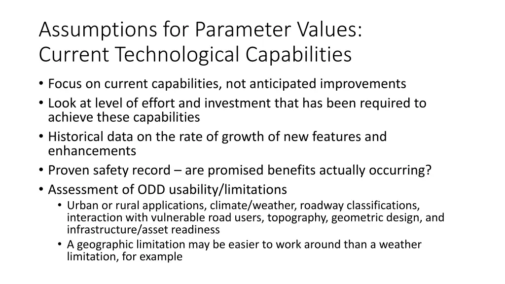assumptions for parameter values current