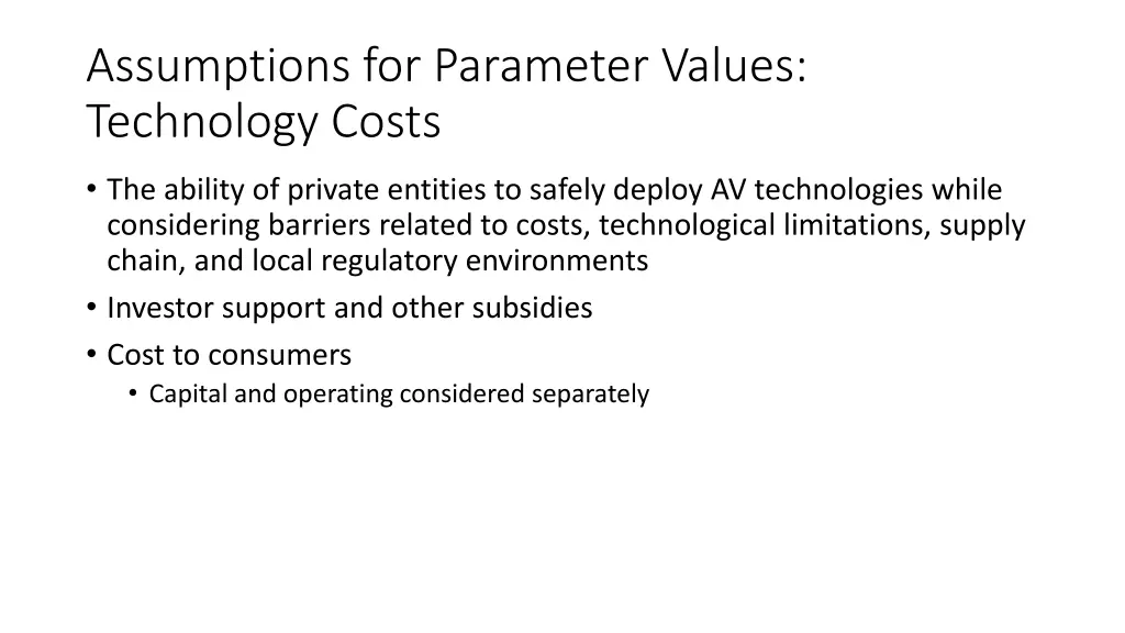 assumptions for parameter values technology costs