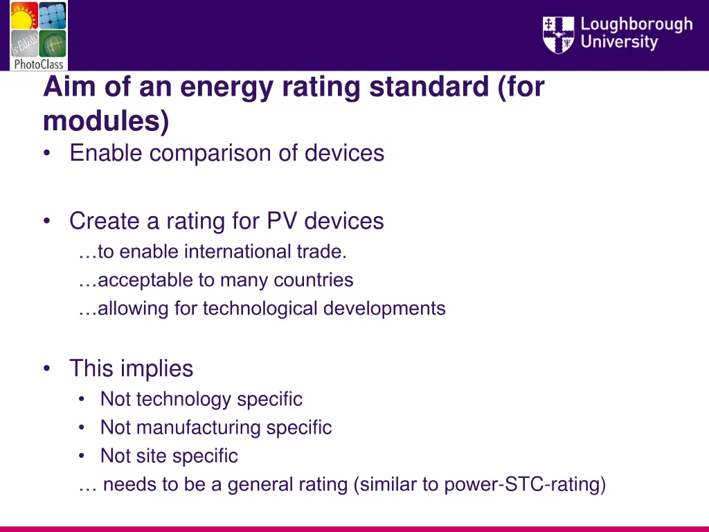aim of an energy rating standard for modules