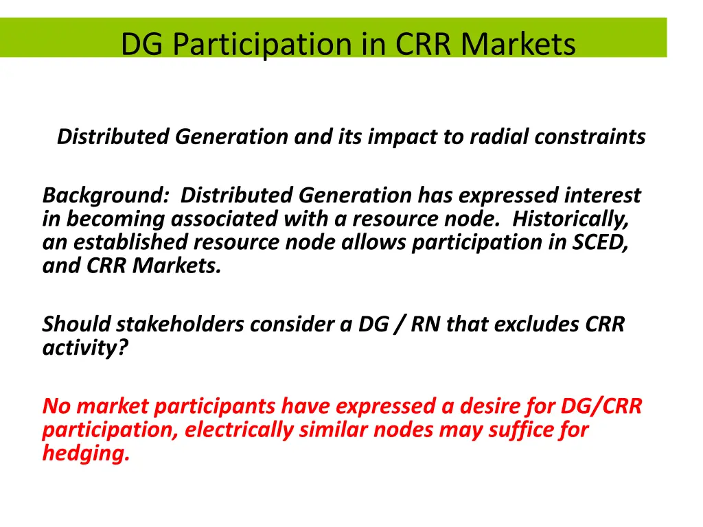 dg participation in crr markets