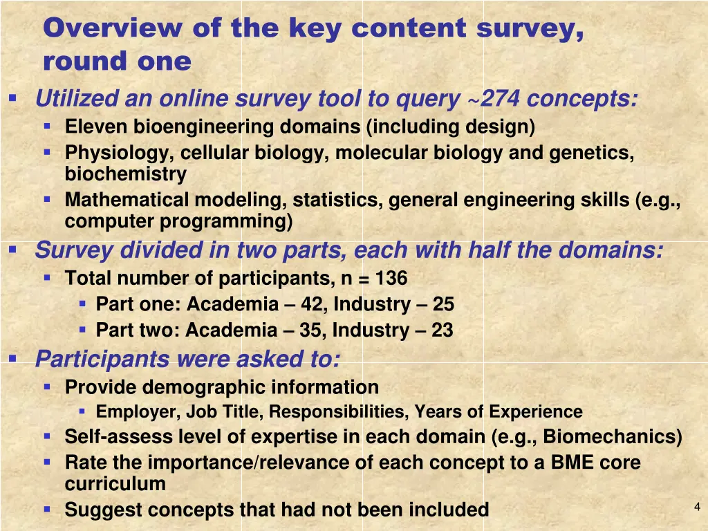 overview of the key content survey round one