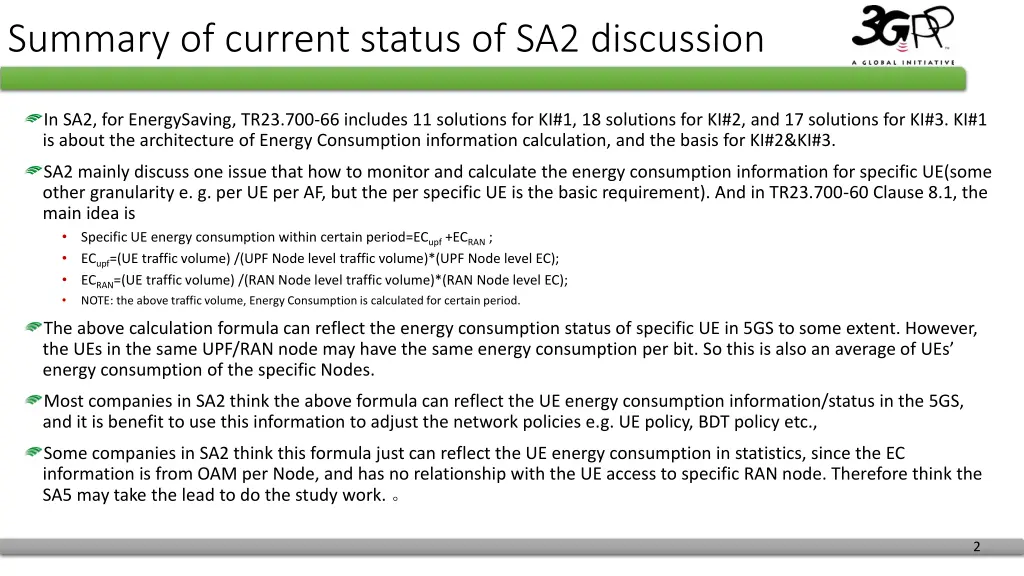 summary of current status of sa2 discussion
