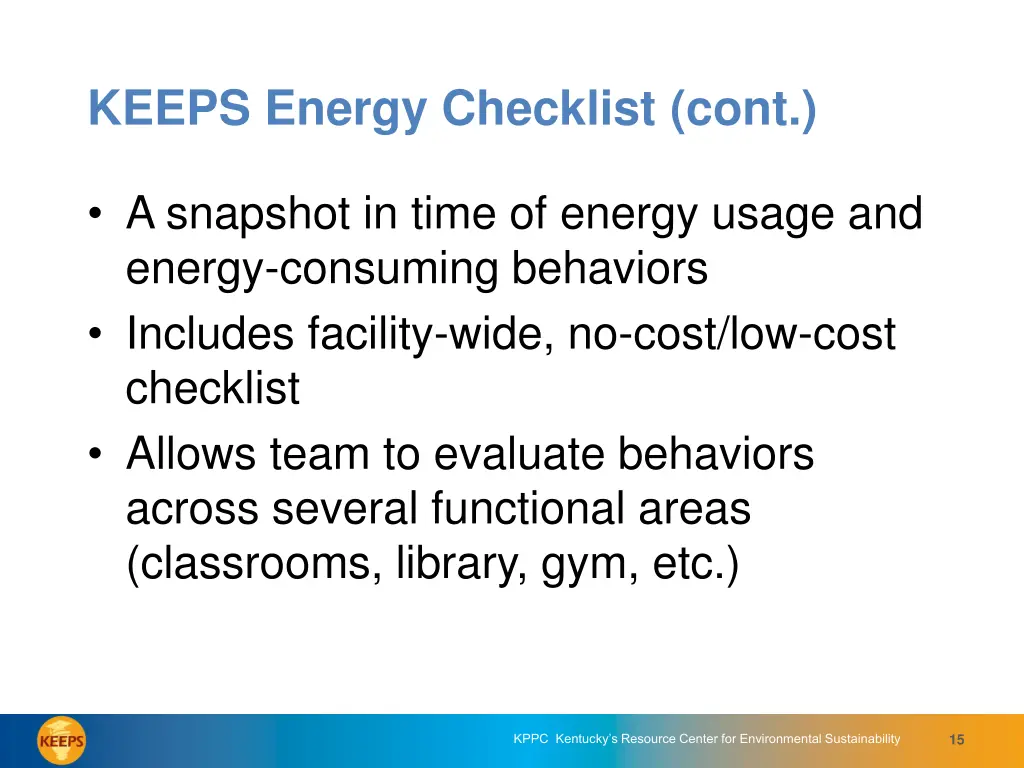 keeps energy checklist cont