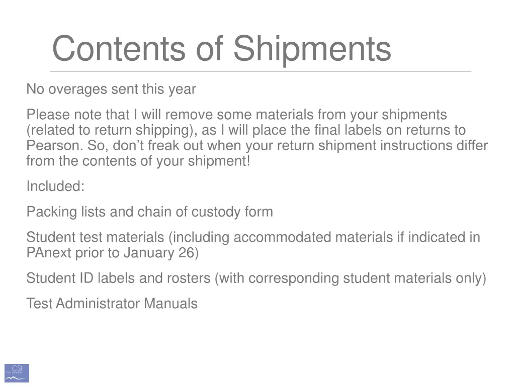 contents of shipments