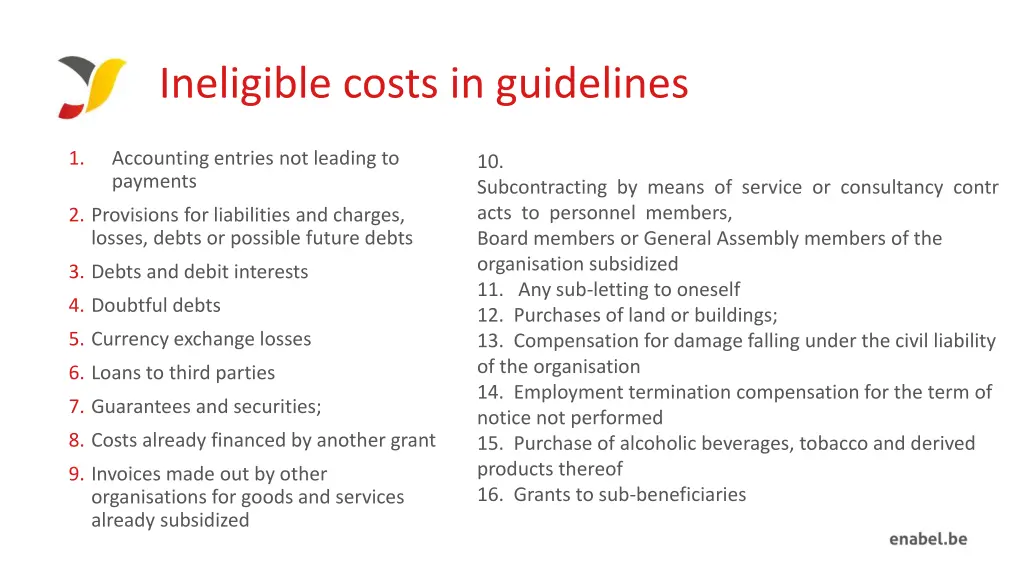 ineligible costs in guidelines
