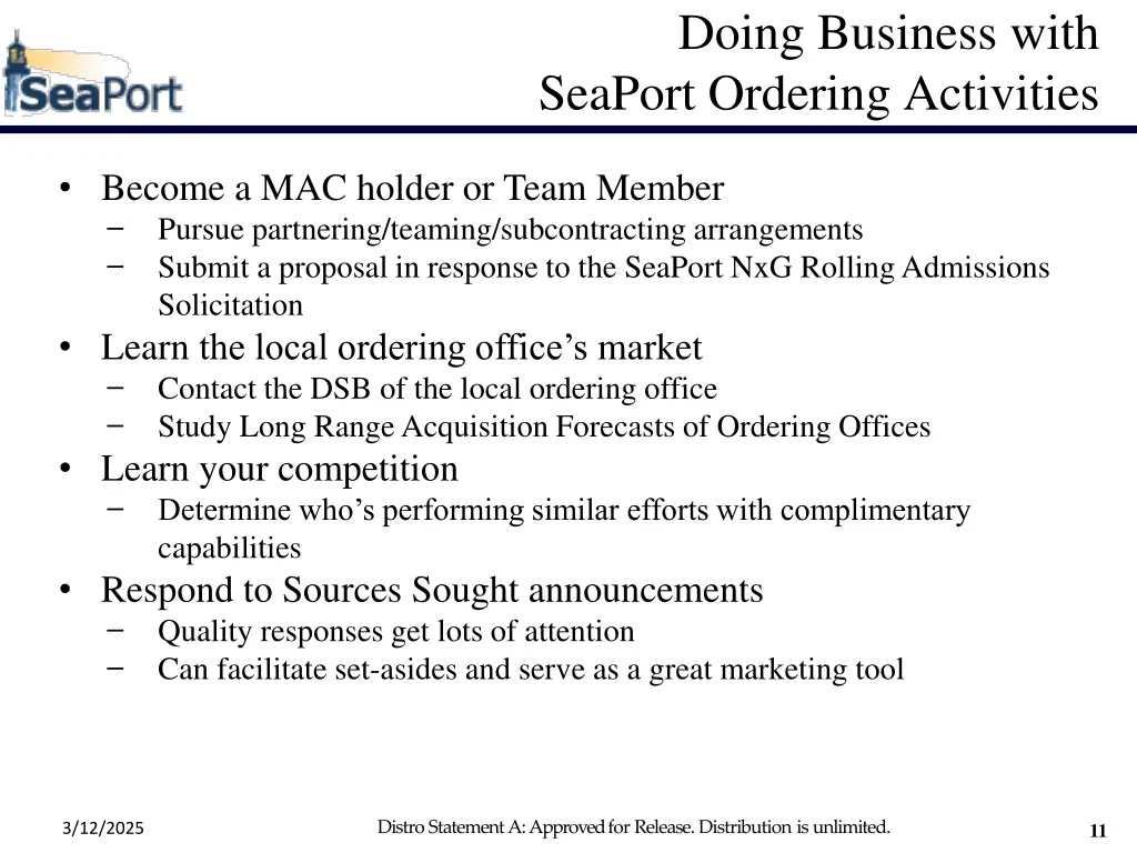 doing business with seaport ordering activities