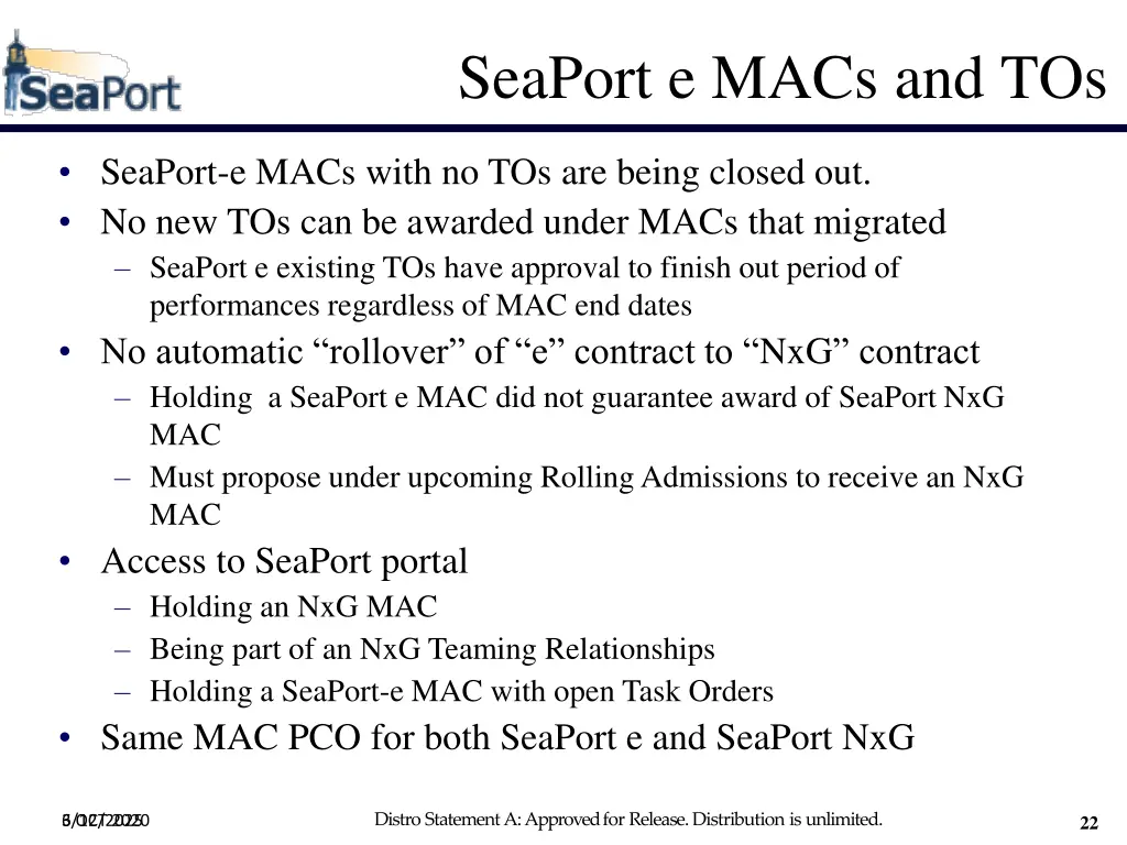 seaport e macs and tos
