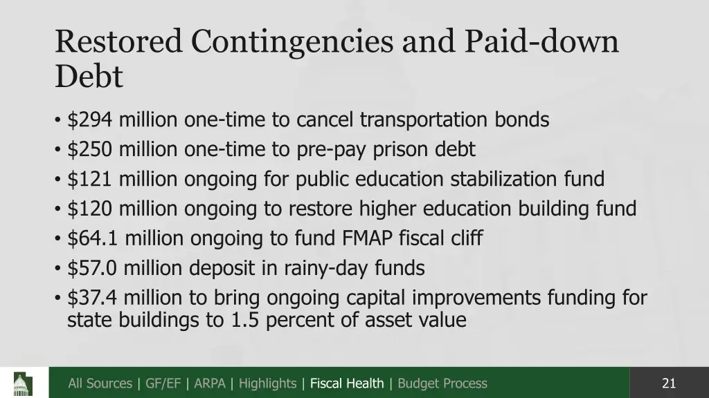 restored contingencies and paid down debt
