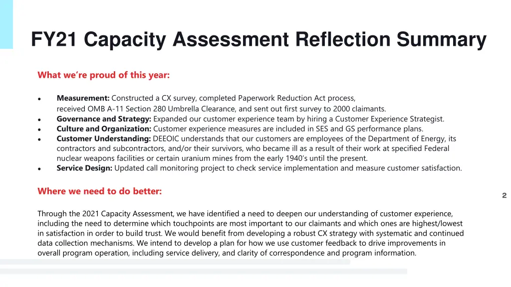 fy21 capacity assessment reflection summary