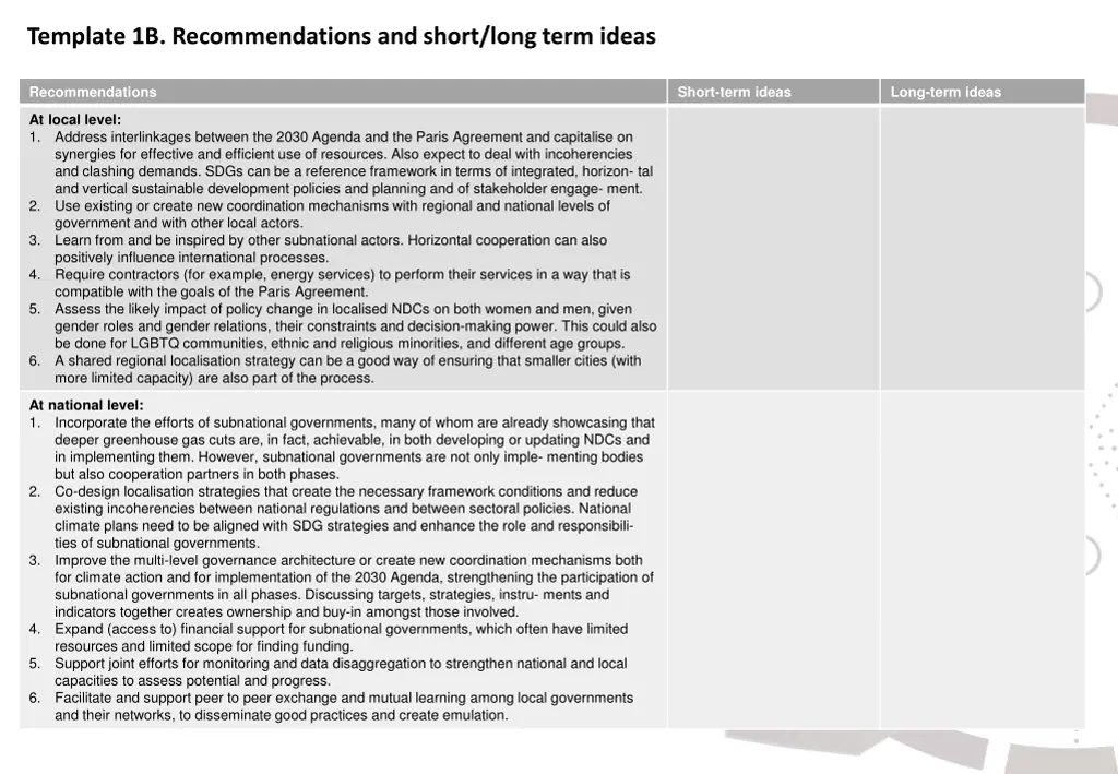 template 1b recommendations and short long term