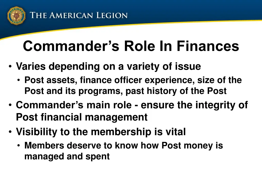 commander s role in finances