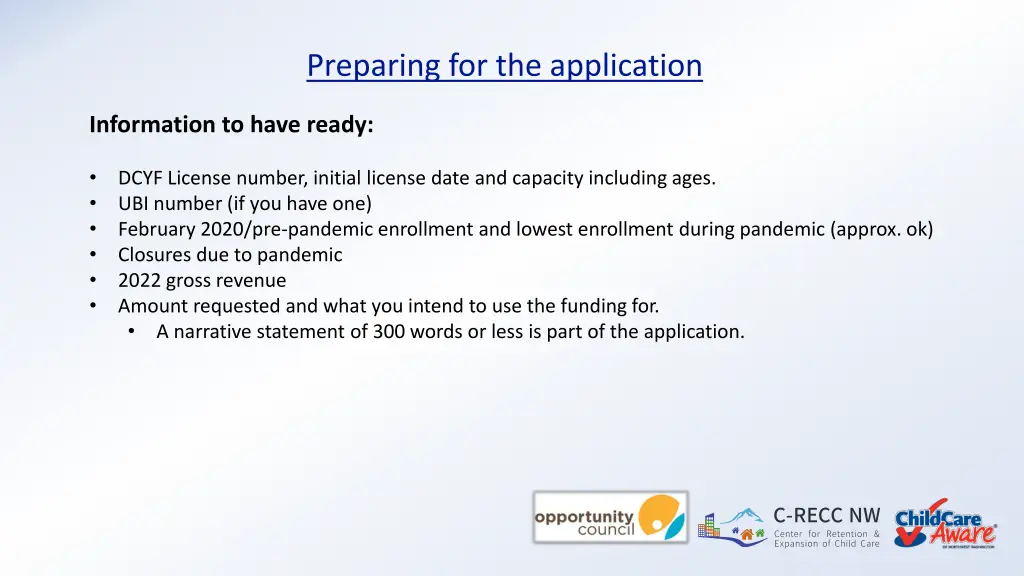 preparing for the application