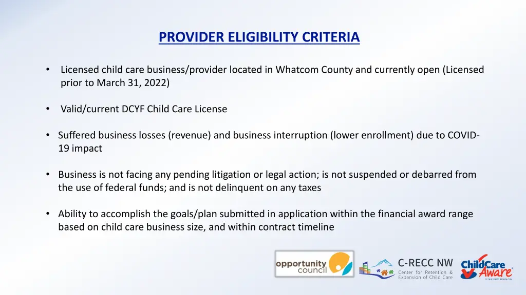 provider eligibility criteria