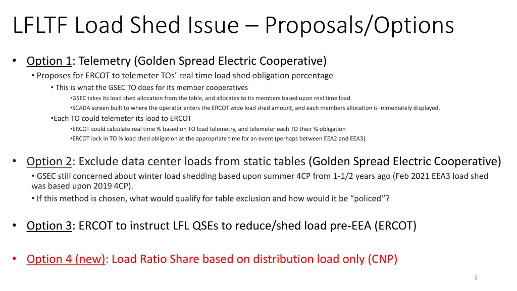 lfltf load shed issue proposals options