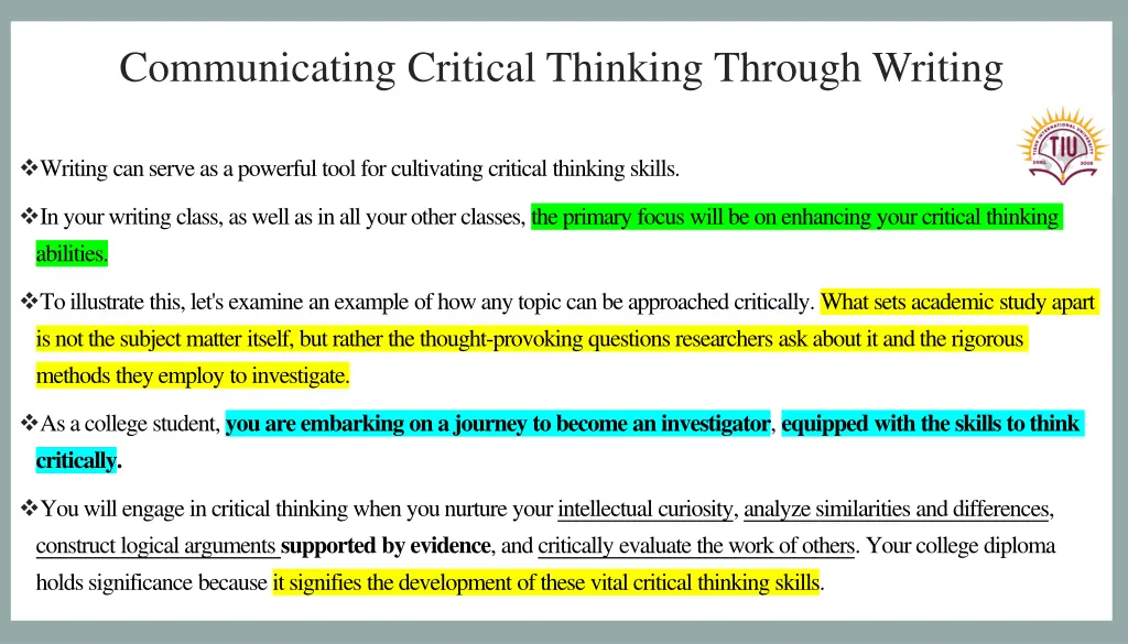 communicating critical thinking through writing