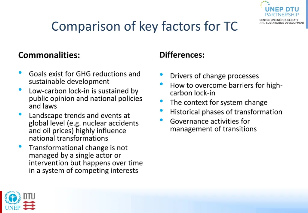 comparison of key factors for tc