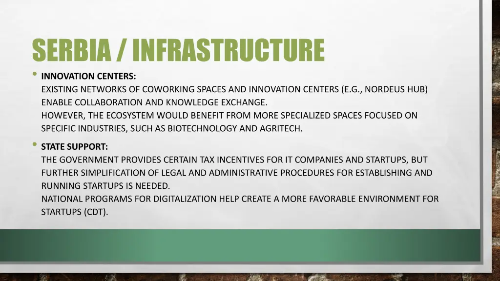 serbia infrastructure innovation centers existing