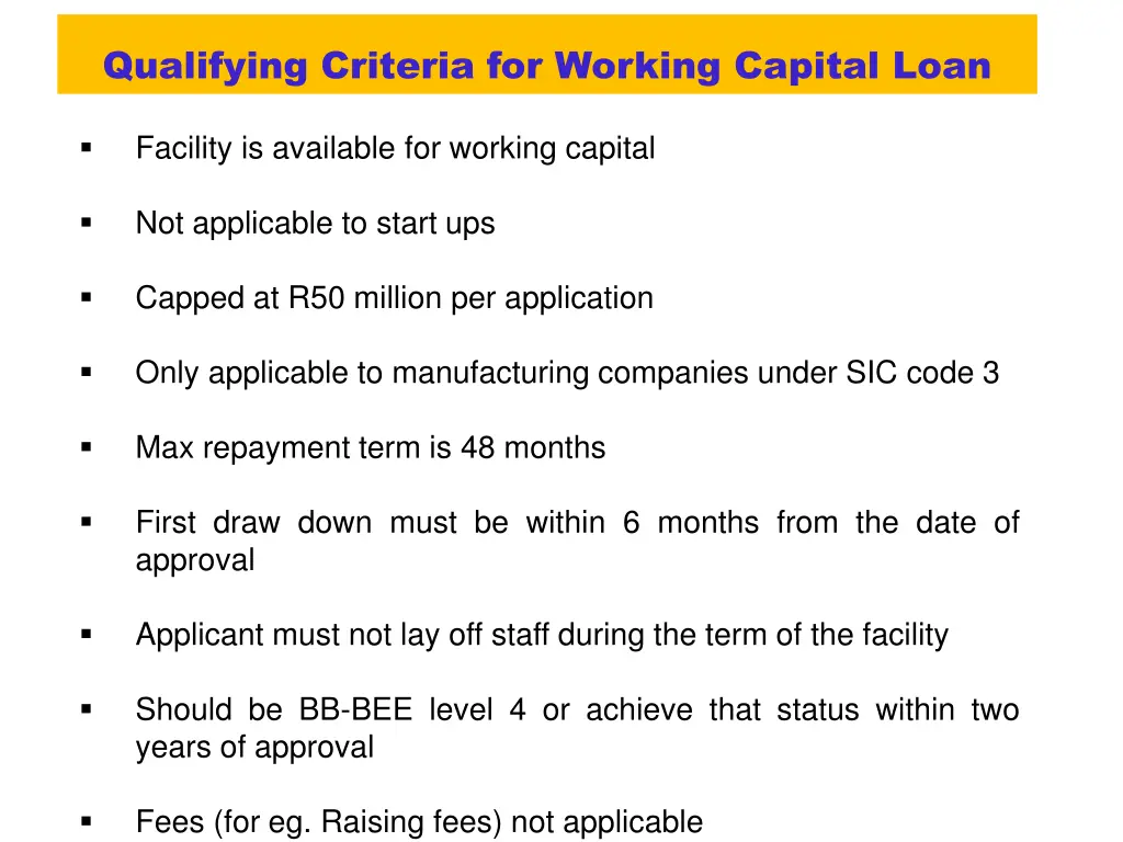 qualifying criteria for working capital loan