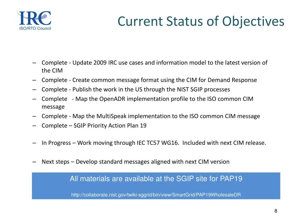 current status of objectives