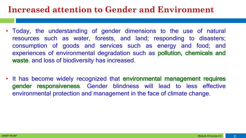 increased attention to gender and environment