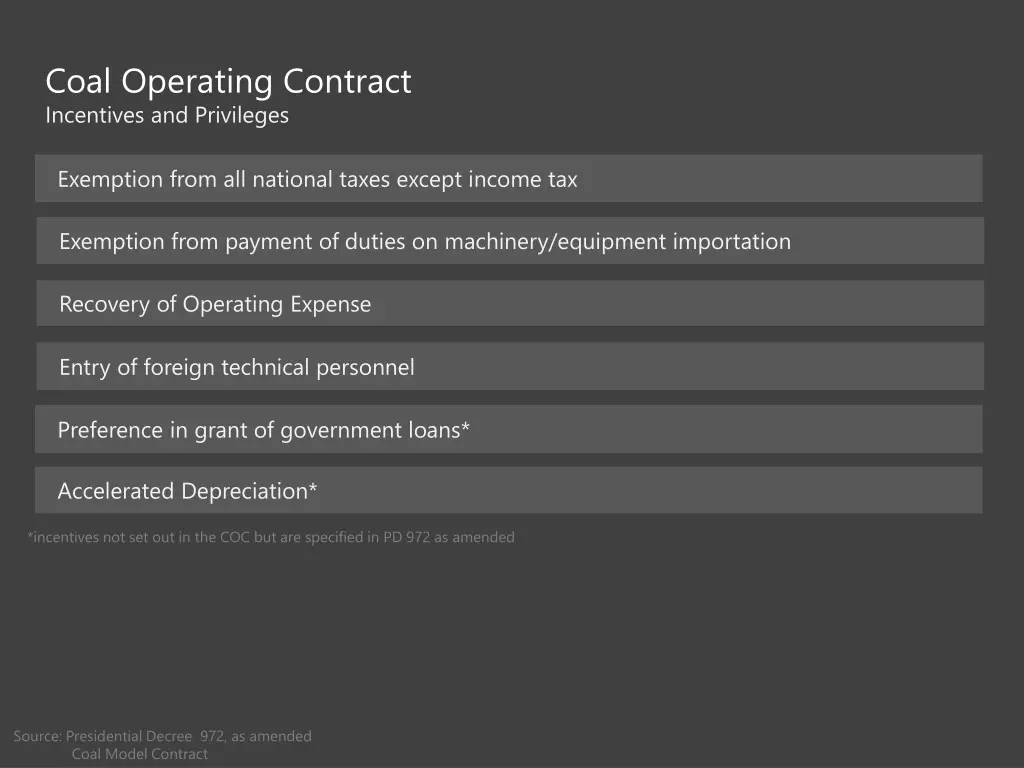 coal operating contract incentives and privileges