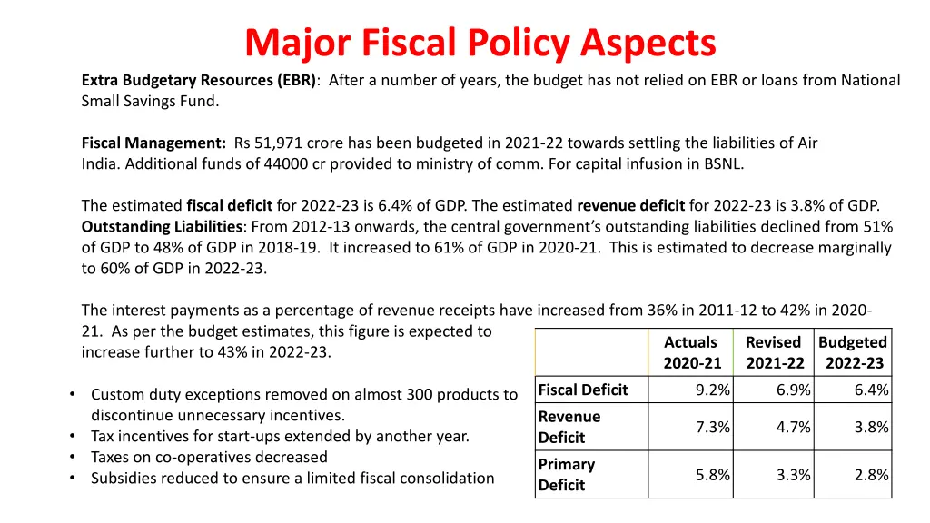 major fiscal policy aspects extra budgetary