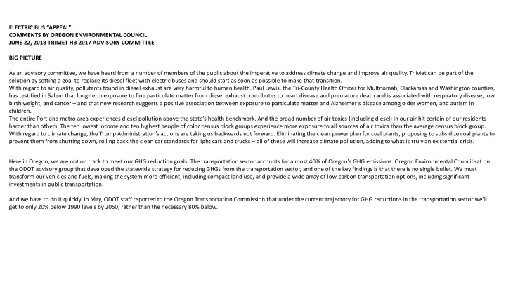 electric bus appeal comments by oregon