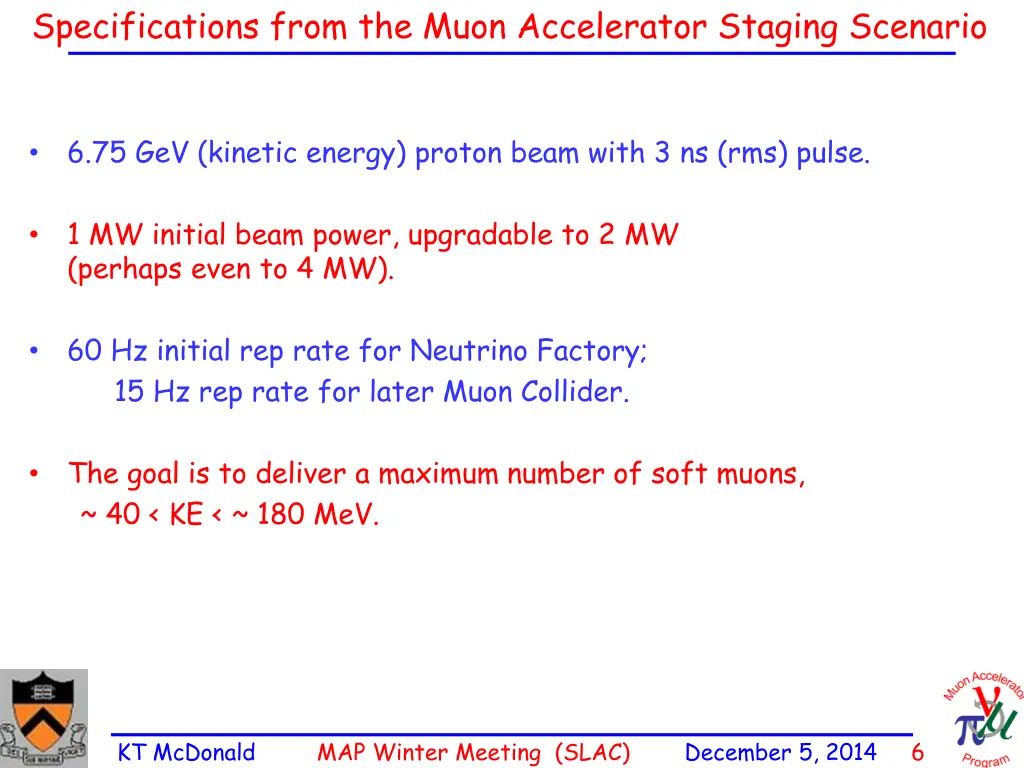 specifications from the muon accelerator staging