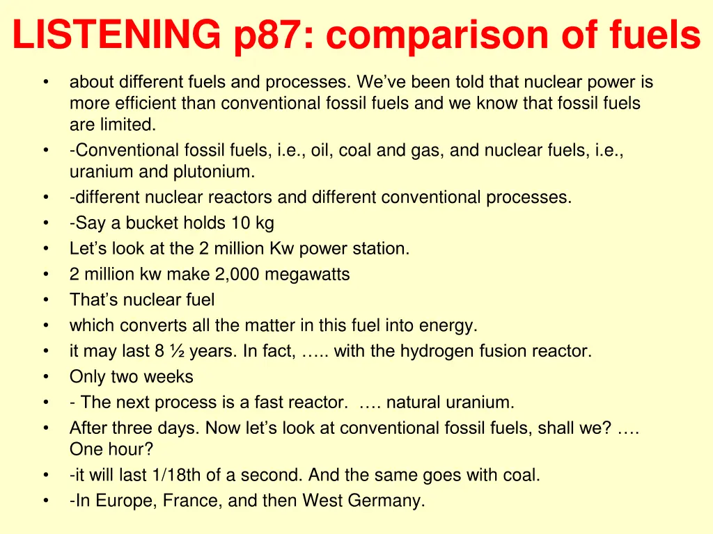 listening p87 comparison of fuels