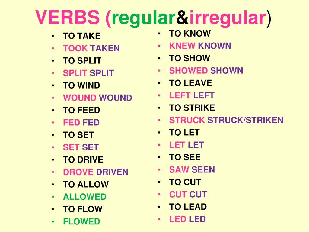 verbs regular irregular to take took taken
