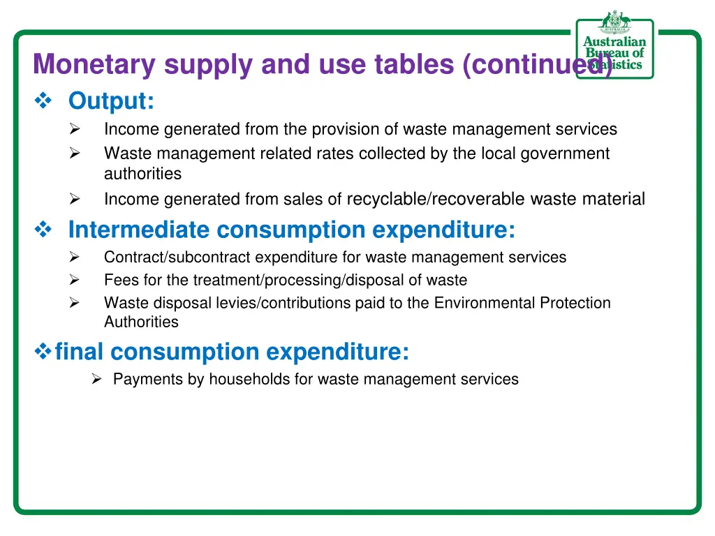 monetary supply and use tables continued output