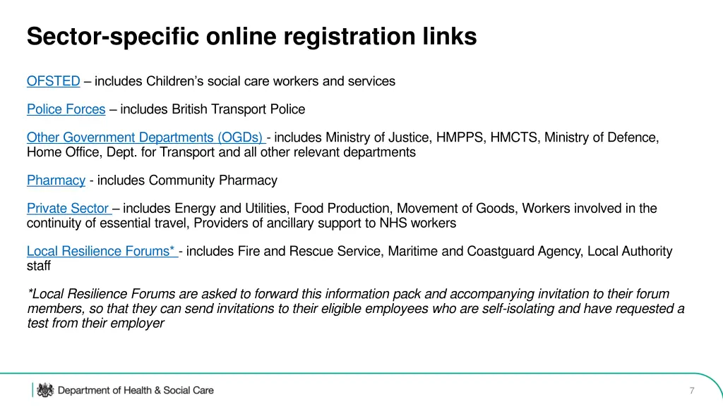sector specific online registration links