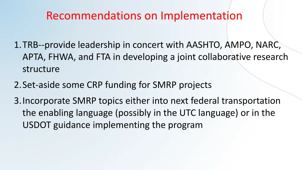 recommendations on implementation