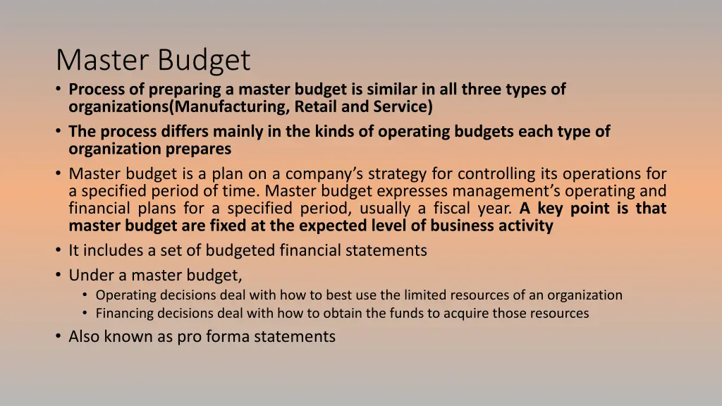 master budget process of preparing a master
