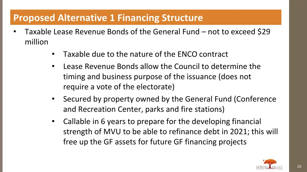proposed alternative 1 financing structure