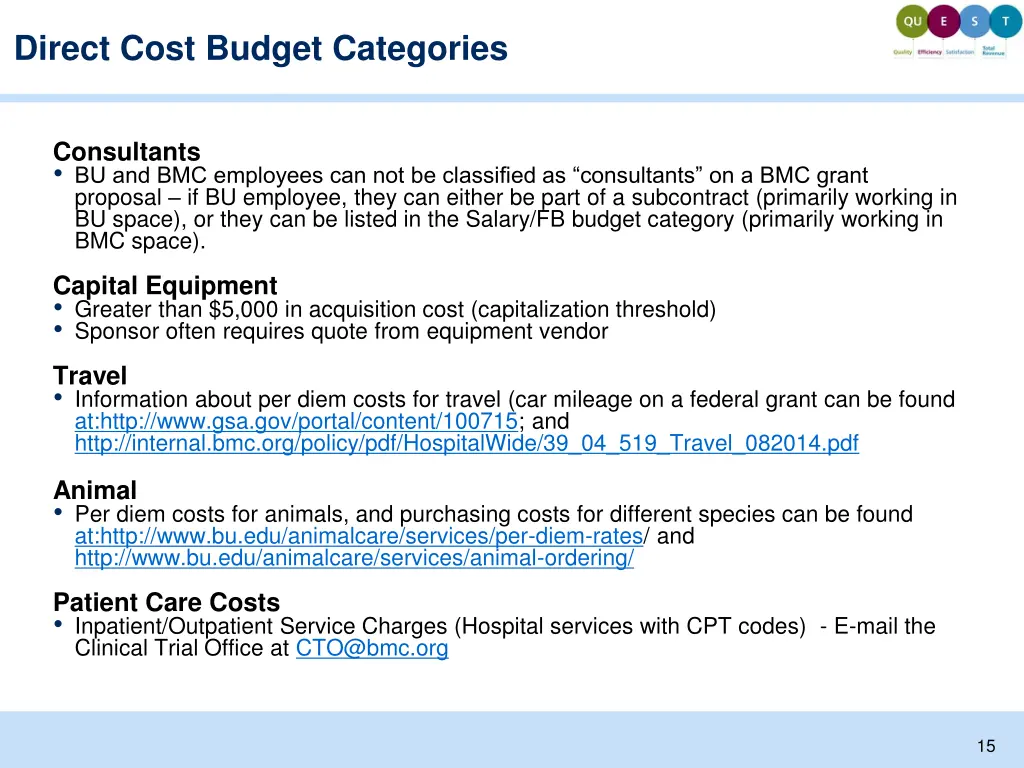 direct cost budget categories
