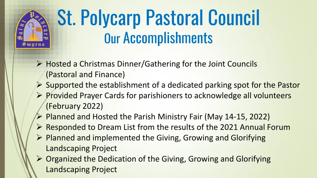 st polycarp pastoral council our accomplishments 1