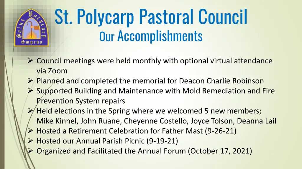 st polycarp pastoral council our accomplishments
