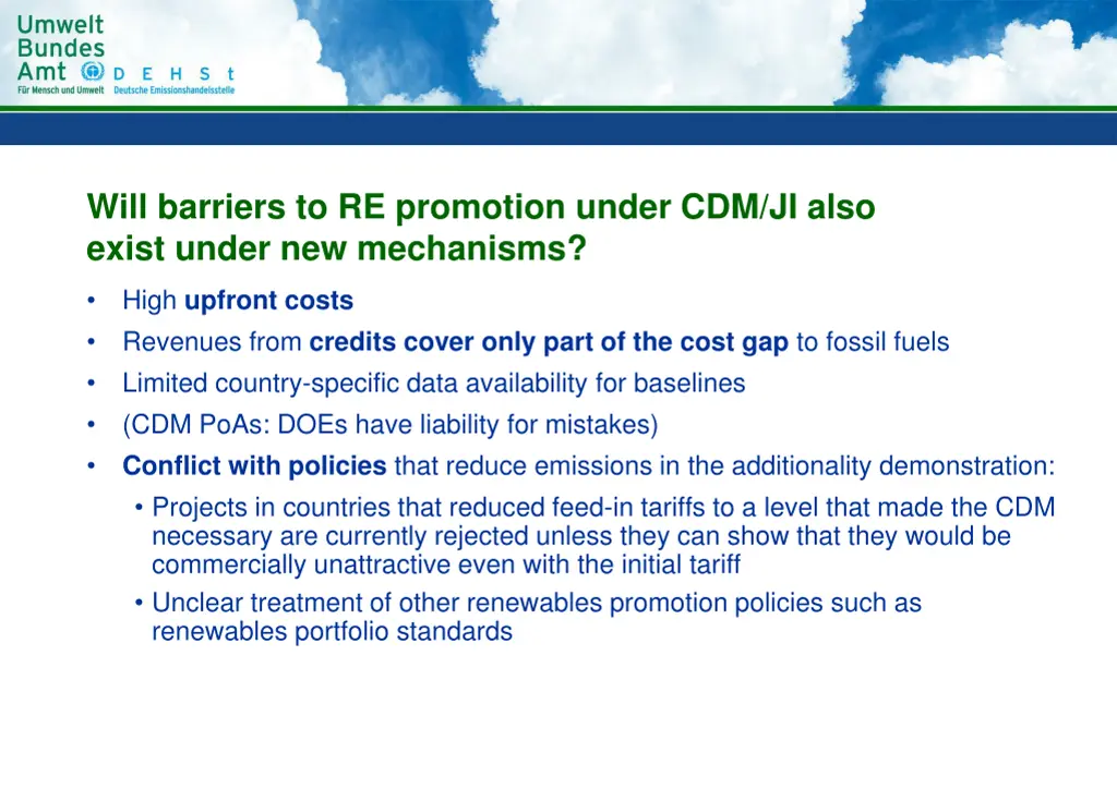 will barriers to re promotion under cdm ji also