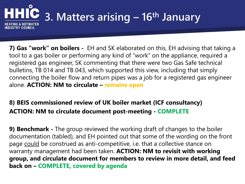 3 matters arising 16 th january 2